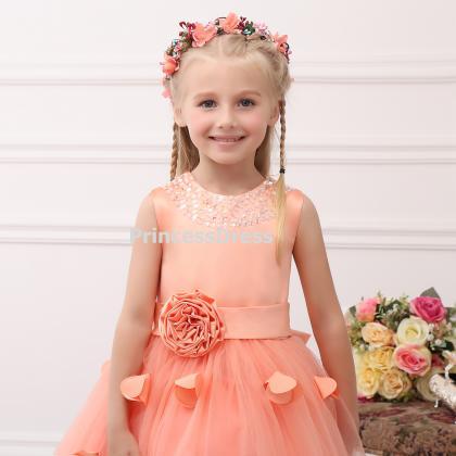 Tea-length Flower Girl Dress, Orange Kid Girl..