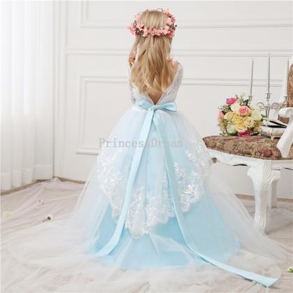 Long Sleeves Blue Flower Girl Dress,custom Made..