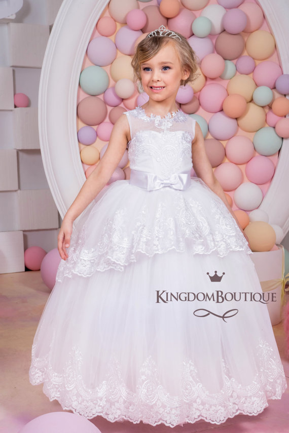 Princess Ball Gown First Communion Dress Scoop Tank Appliques Hem Flower Girl Dress With Bow Custom Made Kid Pageants Dress Custom Made Flower