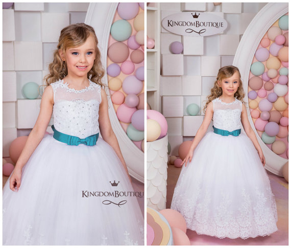 Ball Gown Scoop Floor-length Appliques Hem Flower Girl Dress With Turquoise Belt White First Communion Dress Beaded Bodice Flower Girl Dress Kid