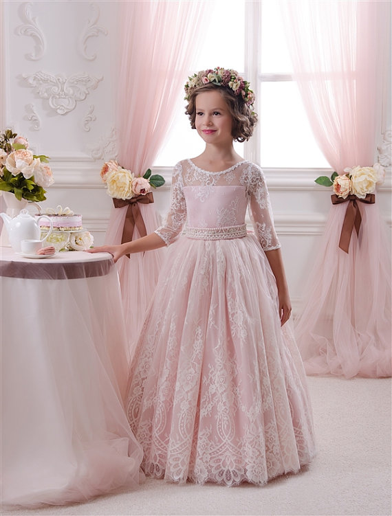 3/4 Length Sleeves Lace Flower Girl Dress Floor-length First Communion Dress 2016 Girl Dress For Wedding Junior Bridesmaid Dress Girls Pageant