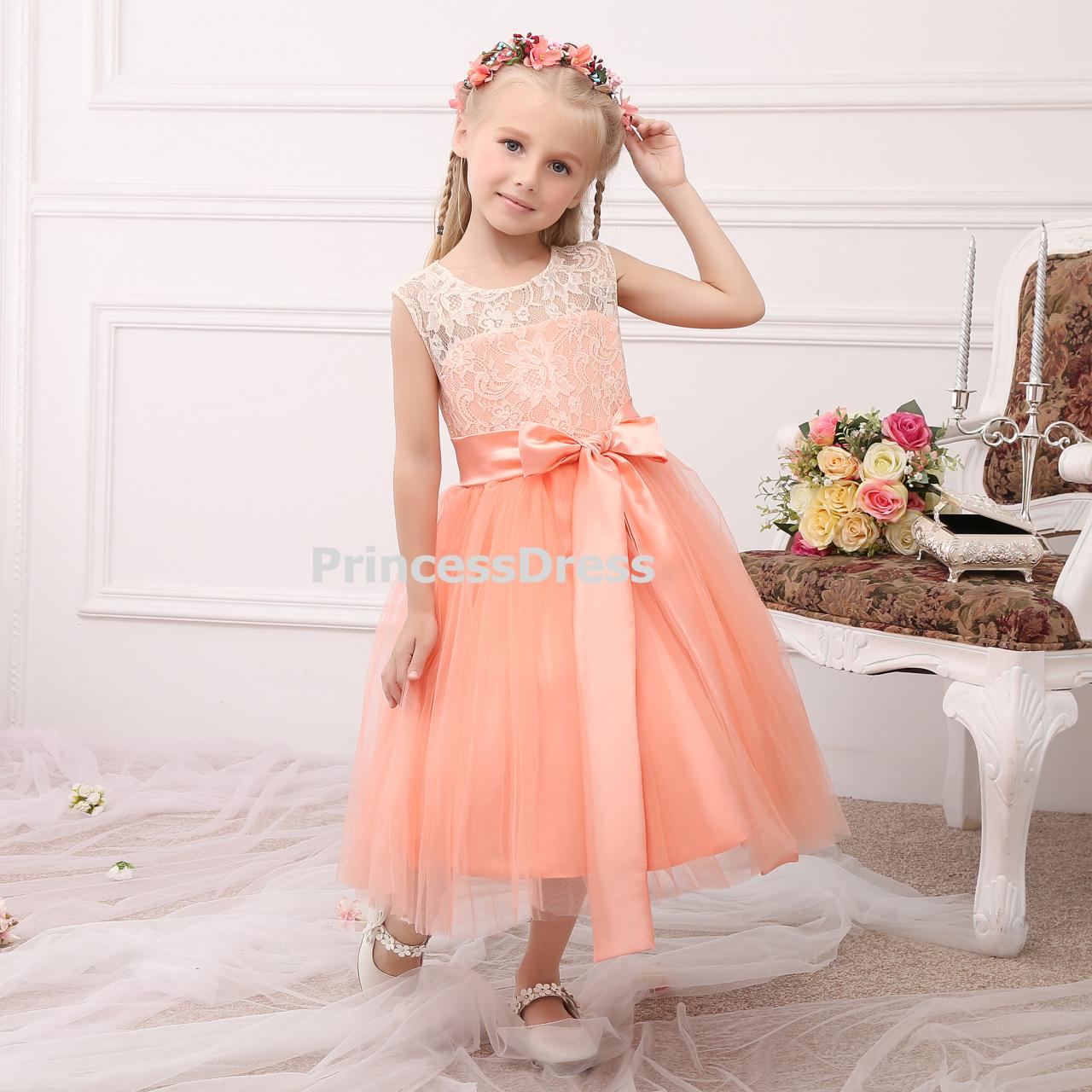 Lace Bodice Tulle Flower Girl Dress With Bow,tea-length Flower Girl Dress ,orange Girl Dress For Wedding,custom Made Flower Girl Dresses