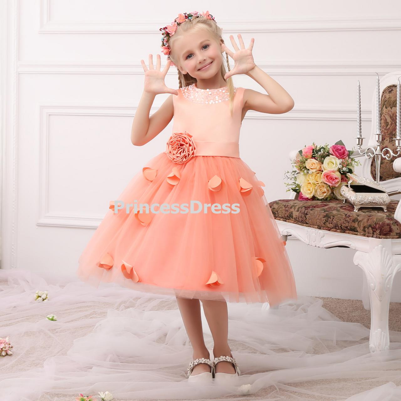 Tea-length Flower Girl Dress, Orange Kid Girl Dress For Wedding, Girl's Birthday Party Dress,custom Made Flower Girl Dresses With Bow