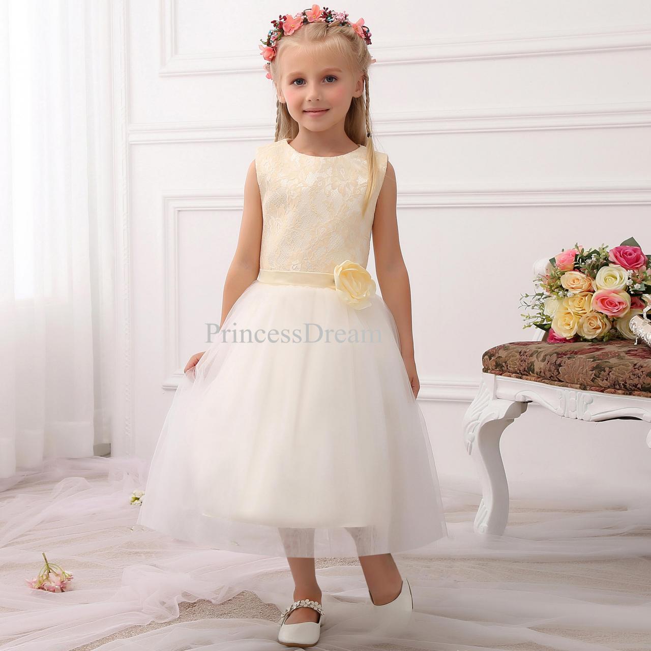 Lace Bodice Tulle Flower Girl Dress With Hand-made Flower,tea-length Flower Girl Dress ,sleeveless Scoop Flower Girl Dresses For Wedding