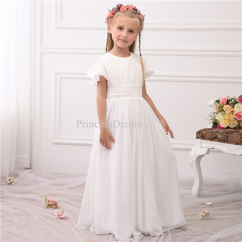 Short Sleeves Chiffon Flower Girl Dress, Junior Bridesmaid Dress,chiffon First Communion Dress,white First Communion Dresses
