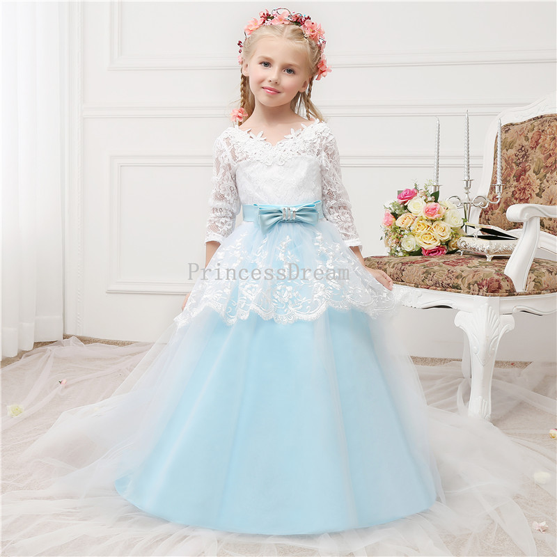 Long Sleeves Blue Flower Girl Dress,custom Made Girl Dress,ball Gown Flower Girl Dress,blue Kid Dress For Wedding,first Communion Dress