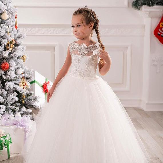 A-line Scoop Bodice Flower Girl Dress With Bow Ball Gown Puffy Flower ...