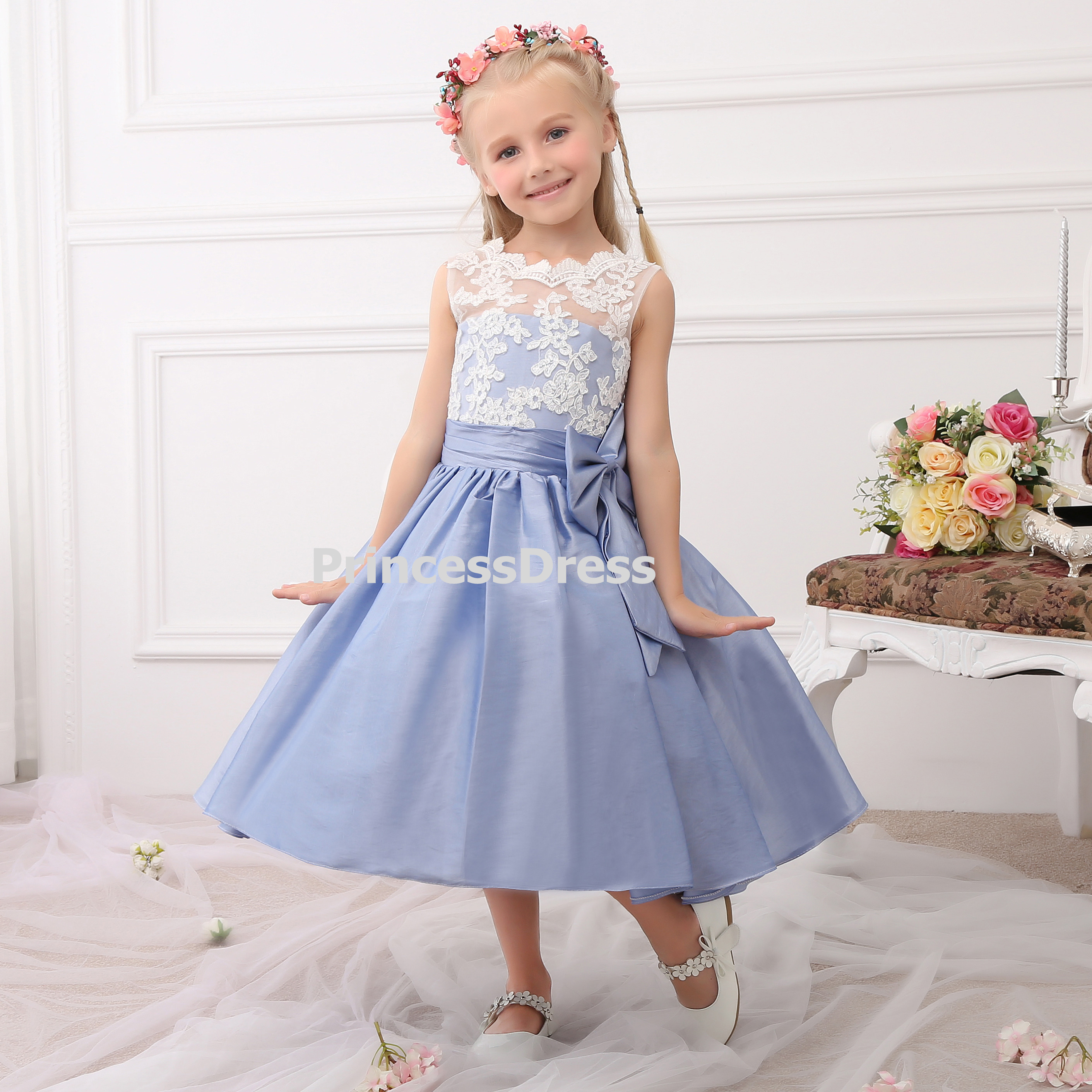 Sleeveless Lace top Tea Length Flower Girl Formal Pageant Wedding USA Made